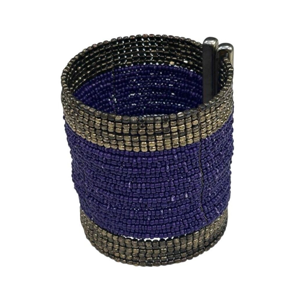 Vintage Wide Cuff Bracelet Beaded Boho Purple Gold-tone Adjustable 3” Wide 